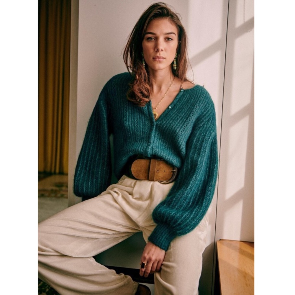 SEZANE Emerald Teal Green Mohair Wool Balloon Sleeve Alyssa Cardigan Sweater - Picture 4 of 13